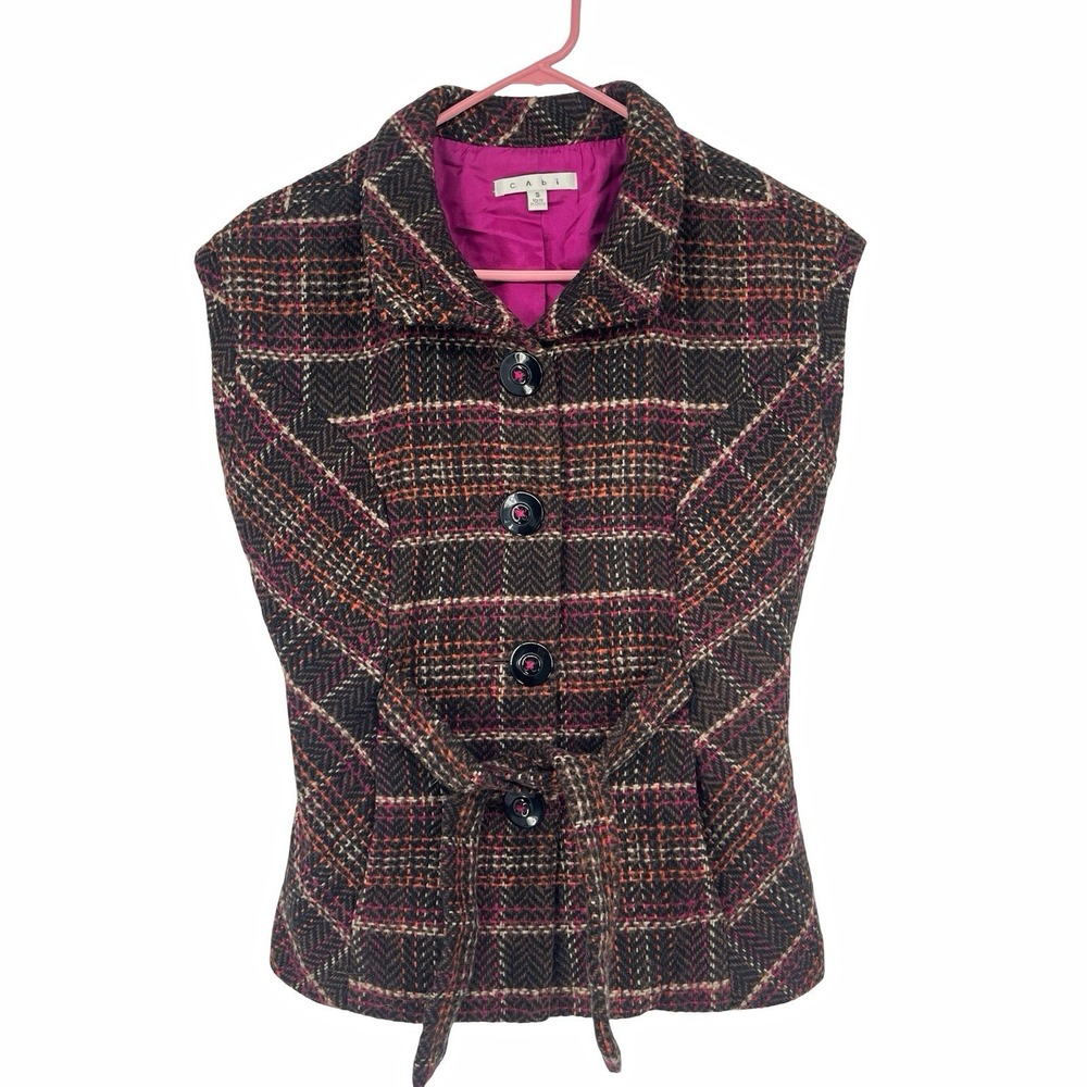 CAbi Women's Small Plaid Wool Blend Belted Jacket Pink Orange Brown Lined